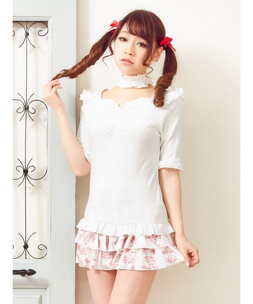 DearMyLove(ディアマイラブ)の「チョーカー5分袖フリルカットソー(トップス・レディース・ホワイト/クリーム/ピンク/ブラック・M/L/LL)」の1枚目の写真