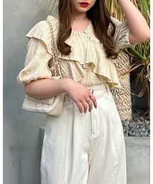 新品 楊柳 フリル チュニック ブラウス 黒 ピンク 7／8までの限定価格】【WEB限定】楊柳フリルオフショルブラウス