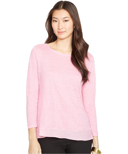 LAUREN RALPH LAUREN(ローレン ラルフ ローレン)の「Lauren Ralph Lauren Petite Ruffle-Hem Three-Quarter-Sleeve Top(Tシャツ/カットソー・レディース・Garden Pink・P/L/P/M/P/XS/P/S)」の1枚目の写真