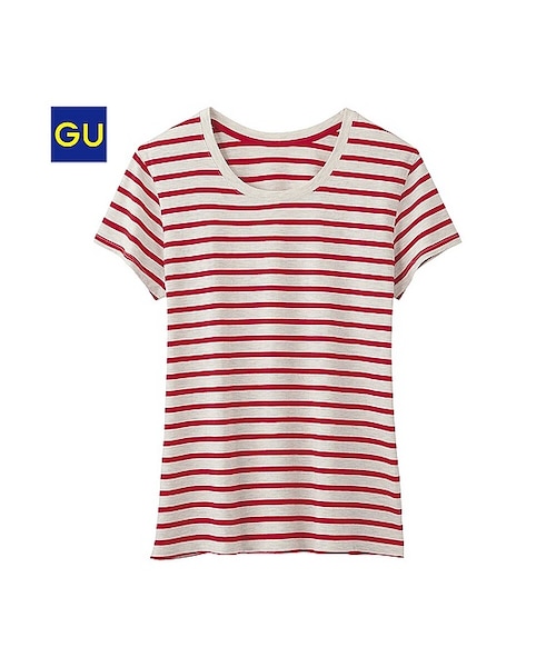 GU（ジーユー）の「（GU）ボーダークルーネックＴ（半袖）（WOMEN ⁄ カットソー（Ｔシャツ）・レディース・GRAY/OFF WHITE/NAVY/RED・L/XL/S/M）」の4枚目の写真