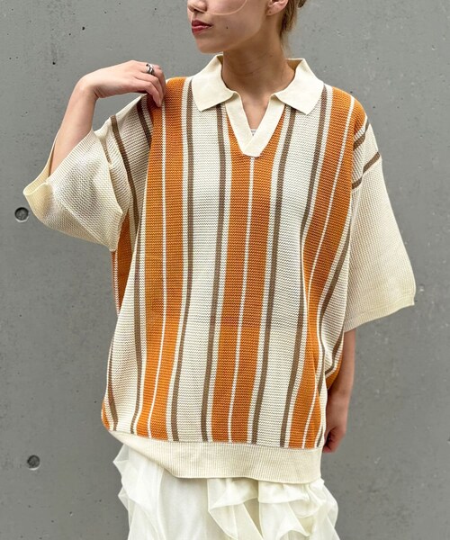 CIAOPANIC(チャオパニック)の「【ユニセックス】メッシュ編みストライプニットスキッパーポロシャツ(ポロシャツ・レディース・アイボリー/ブラウン/ブラック・F)」の1枚目の写真