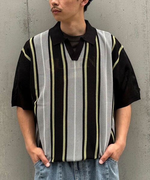 CIAOPANIC(チャオパニック)の「【ユニセックス】メッシュ編みストライプニットスキッパーポロシャツ(ポロシャツ・レディース・アイボリー/ブラウン/ブラック・F)」の2枚目の写真