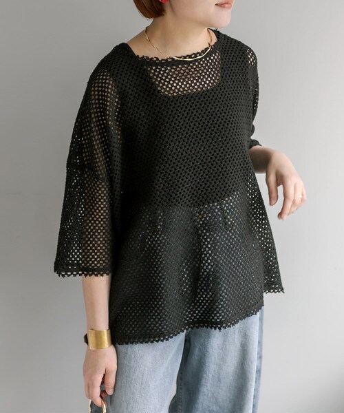 PUAL CE CIN(ピュアルセシン)の「ハーフスリーブメッシュプルオーバー(Tシャツ/カットソー・レディース・アイボリー/ブラック・FREE)」の2枚目の写真