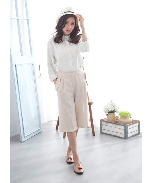 gracegift（グレースギフト）の「韓國俐落甜美條紋綁結襯衫（トップス・レディース・白・F）」の4枚目の写真