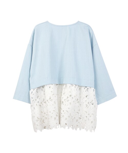 gracegift（グレースギフト）の「韓國牛仔下擺拼接蕾絲上衣（トップス・レディース・淺藍・F）」の2枚目の写真