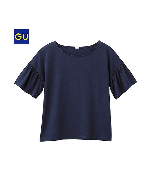 GU(ジーユー)の「(GU)フリルスリーブゆるT(半袖)(WOMEN ⁄ カットソー(Tシャツ)・レディース・NAVY/OFF WHITE/GRAY/PINK/BLACK・S/M/L/XL)」の1枚目の写真