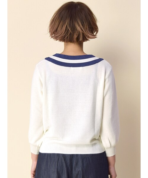 w closet(ダブルクローゼット)の「ライン配色七分袖プルオーバー(トップス・レディース・オフホワイト/L.カーキ/ネイビー・FREE)」の6枚目の写真