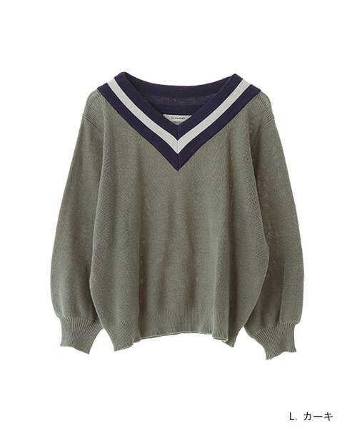 w closet(ダブルクローゼット)の「ライン配色七分袖プルオーバー(トップス・レディース・オフホワイト/L.カーキ/ネイビー・FREE)」の3枚目の写真