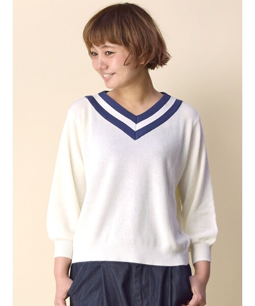 w closet(ダブルクローゼット)の「ライン配色七分袖プルオーバー(トップス・レディース・オフホワイト/L.カーキ/ネイビー・FREE)」の1枚目の写真