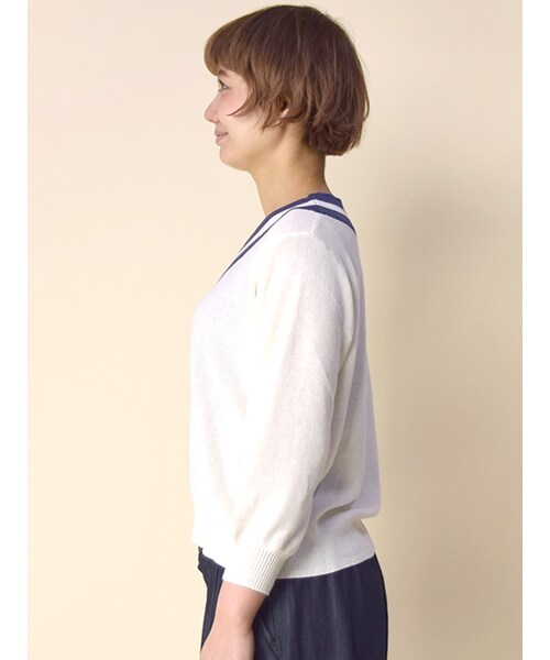 w closet(ダブルクローゼット)の「ライン配色七分袖プルオーバー(トップス・レディース・オフホワイト/L.カーキ/ネイビー・FREE)」の5枚目の写真