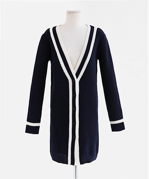 DHOLIC（ディーホリック）の「ラインニットロングカーディガン（カーディガン/ボレロ・レディース・ライトベージュ/ダークネイビー・FREE）」の2枚目の写真