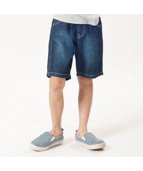 apres les cours（アプレレクール）の「◎デニムハーフパンツ(5分丈)（パンツ・キッズ・ブルー/ネイビーブルー/ストライプ柄・80/90/95/100/110/120/130/140）」の2枚目の写真