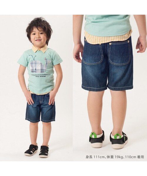 apres les cours（アプレレクール）の「◎デニムハーフパンツ(5分丈)（パンツ・キッズ・ブルー/ネイビーブルー/ストライプ柄・80/90/95/100/110/120/130/140）」の16枚目の写真