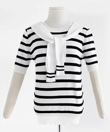 DHOLIC | 肩かけ風セーラーカラーボーダーサマーニットトップス(ニット/セーター)