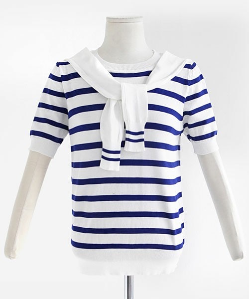 DHOLIC（ディーホリック）の「肩かけ風セーラーカラーボーダーサマーニットトップス（ニット/セーター・レディース・ブラック/ブルー・FREE）」の2枚目の写真