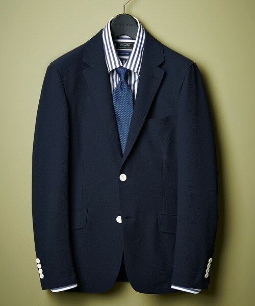 MEN'S BIGI（メンズビギ）の「シアサッカー ストレッチジャケット/オンオフ兼用（テーラードジャケット・メンズ・ホワイト/ネイビー・SMALL/MEDIUM/LARGE）」の2枚目の写真