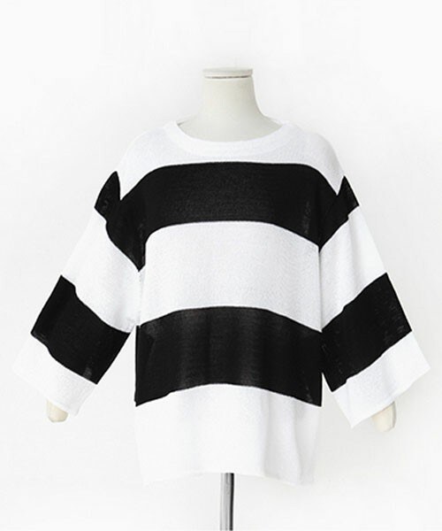 DHOLIC（ディーホリック）の「ワイドボーダーニットトップス（ニット/セーター・レディース・ベージュ/ネイビー/ブラック・FREE）」の2枚目の写真