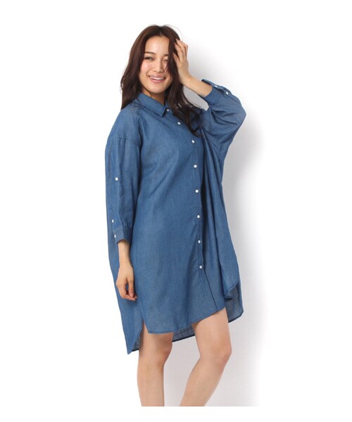 mysty woman(ミスティウーマン)の「五分丈デニムシャツワンピース(ワンピース/ドレス・レディース・ブルー/インディゴ・M)」の1枚目の写真