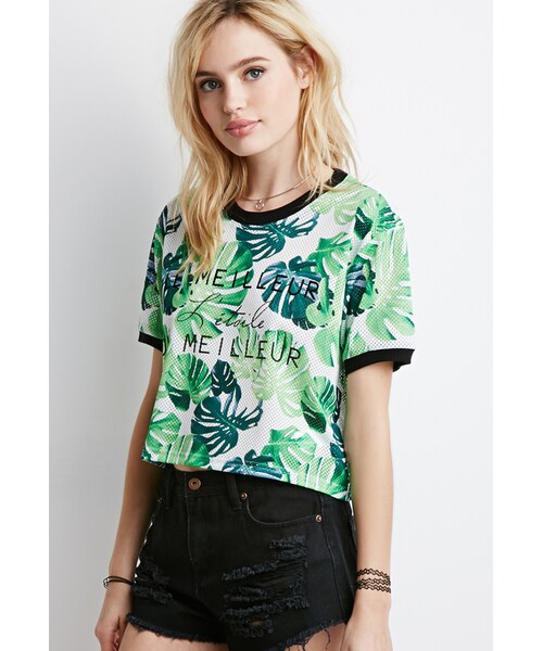 FOREVER 21（フォーエバー トゥエンティーワン）の「FOREVER 21 Frond Print Mesh Tee（Tシャツ/カットソー・レディース・White/green・Large/Medium/Small）」の2枚目の写真
