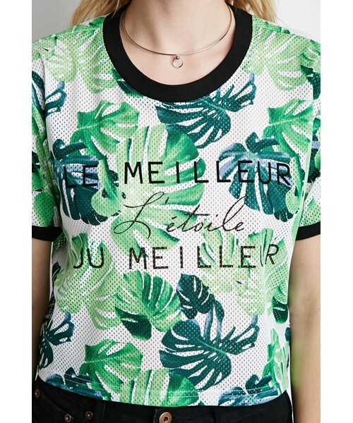 FOREVER 21（フォーエバー トゥエンティーワン）の「FOREVER 21 Frond Print Mesh Tee（Tシャツ/カットソー・レディース・White/green・Large/Medium/Small）」の6枚目の写真