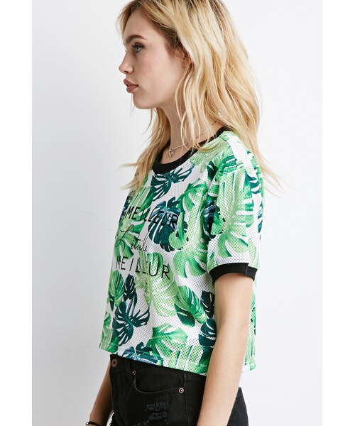 FOREVER 21（フォーエバー トゥエンティーワン）の「FOREVER 21 Frond Print Mesh Tee（Tシャツ/カットソー・レディース・White/green・Large/Medium/Small）」の4枚目の写真