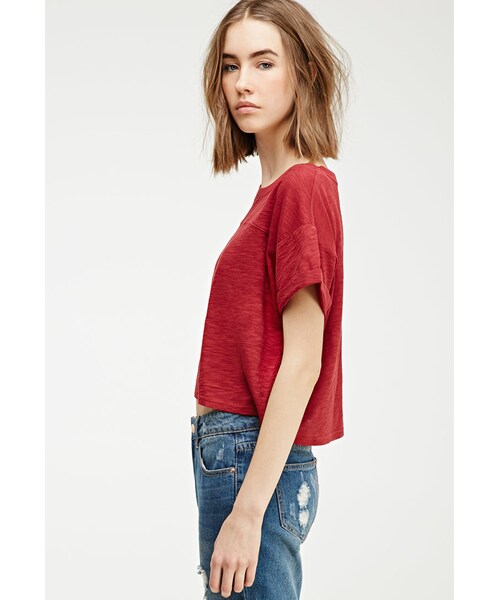 FOREVER 21(フォーエバー トゥエンティーワン)の「FOREVER 21 Boxy Slub Knit Tee(Tシャツ/カットソー・レディース・White/Brick・Medium/Large/Small)」の5枚目の写真