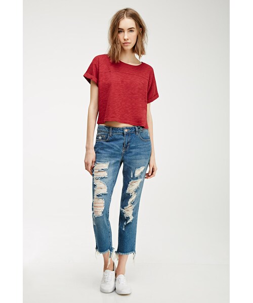 FOREVER 21(フォーエバー トゥエンティーワン)の「FOREVER 21 Boxy Slub Knit Tee(Tシャツ/カットソー・レディース・White/Brick・Medium/Large/Small)」の4枚目の写真