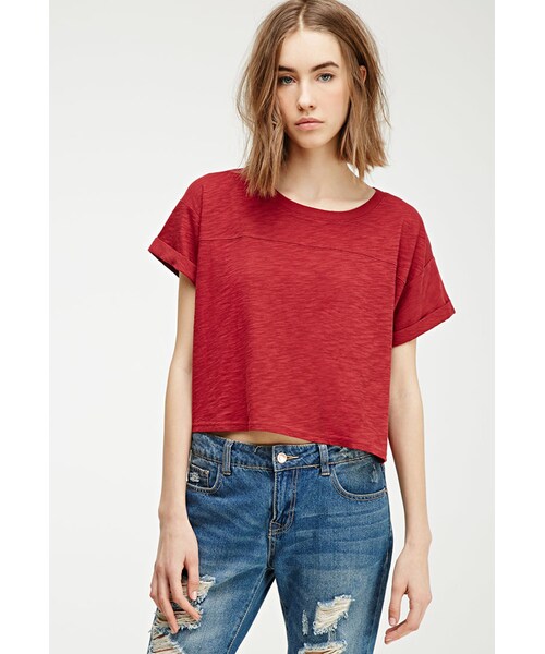 FOREVER 21(フォーエバー トゥエンティーワン)の「FOREVER 21 Boxy Slub Knit Tee(Tシャツ/カットソー・レディース・White/Brick・Medium/Large/Small)」の3枚目の写真