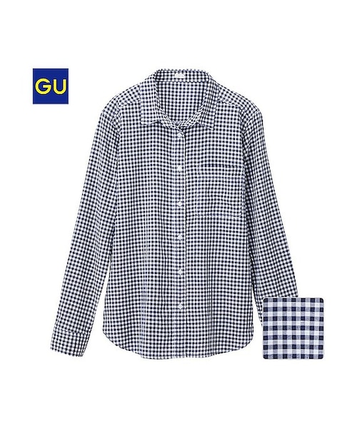 GU（ジーユー）の「（GU）リネンブレンドシャツ（ギンガム・長袖）（WOMEN ⁄ シャツ・ブラウス・レディース・BLACK/NAVY/BEIGE・L/M/S/XL）」の3枚目の写真