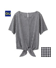 GU | （GU）リネンブレンドＴブラウス（ギンガム・半袖）(トップス)