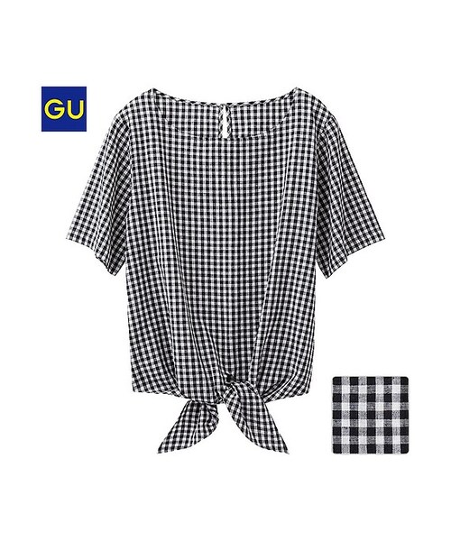 GU（ジーユー）の「（GU）リネンブレンドＴブラウス（ギンガム・半袖）（WOMEN ⁄ シャツ・ブラウス・レディース・BLUE/BLACK/YELLOW・L/S/M）」の2枚目の写真