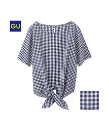GU | （GU）リネンブレンドＴブラウス（ギンガム・半袖）(トップス)