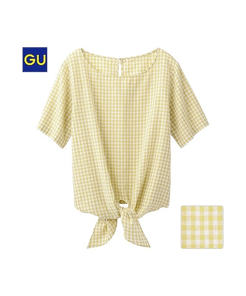 GU（ジーユー）の「（GU）リネンブレンドＴブラウス（ギンガム・半袖）（WOMEN ⁄ シャツ・ブラウス・レディース・BLUE/BLACK/YELLOW・L/S/M）」の3枚目の写真