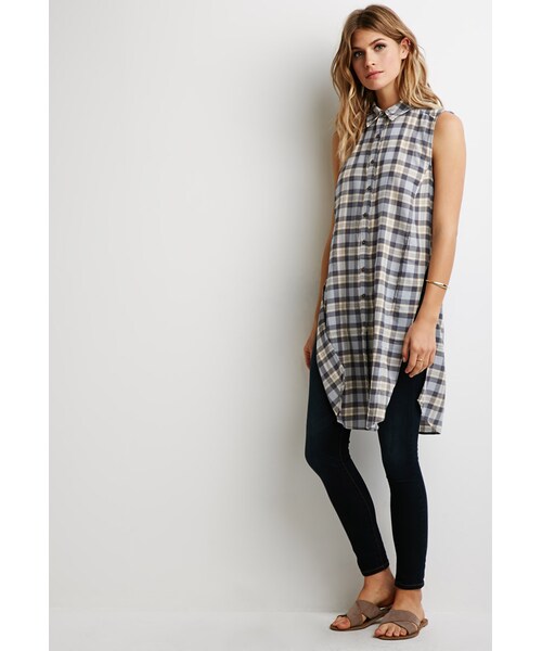 FOREVER 21（フォーエバー トゥエンティーワン）の「ロングサイドスリットプレイドチェックシャツ（その他・レディース・GREY/YELLOW・X-Small/Small/Medium/Large）」の3枚目の写真