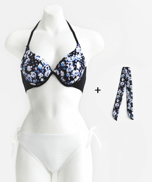 DHOLIC（ディーホリック）の「ヘアバンドset花柄ワイヤーホルタービキニ（水着・レディース・スカイブルー/ベージュ/ブラック・FREE）」の2枚目の写真
