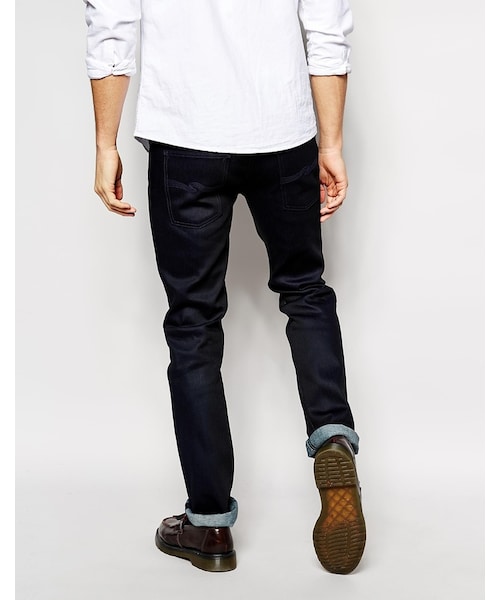 Nudie Jeans（ヌーディージーンズ）の「Nudie Jeans Thin Finn Slim Fit Dry Navy Cristal Coated（デニムパンツ・メンズ・blue・W34 L34-W34in (86cm)L34in (86cm)/W28 L32-W28in (71cm)L32in (81cm)/W31 L32-W31in (78cm)L32in (81cm)/W33 L32-W33in (83cm)L32in (81cm)/W32 L32-W32in (81cm)L32in (81cm)/W38 L32-W38in (96cm)L32in (81cm)/W30 L32-W30in (76cm)L32in (81cm)/W31 L30-W31in (78cm)L30in (76cm)/W36 L32-W36in (91cm)L32in (81cm)/W32 L34-W32in (81cm)L34in (86cm)/W34 L30-W34in (86cm)L30in (76cm)/W33 L30-W33in (83cm)L30in (76cm)/W34 L36-W86cm L91cm/W32 L30-W32in (81cm)L30in (76cm)/W30 L30-W30in (76cm)L30in (76cm)/W30 L34-W30in (76cm)L34in (86cm)/W34 L32-W34in (86cm)L32in (81cm)）」の4枚目の写真