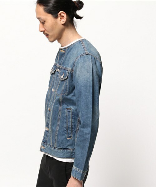 unrelaxing（アンリラクシング）の「ヴィンテージ加工ノーカラーデニムジャケット ヴィンテージ加工ノーカラーGジャン UR-179（デニムジャケット・メンズ・ブルー/インディゴブルー・LARGE/SMALL/MEDIUM）」の17枚目の写真