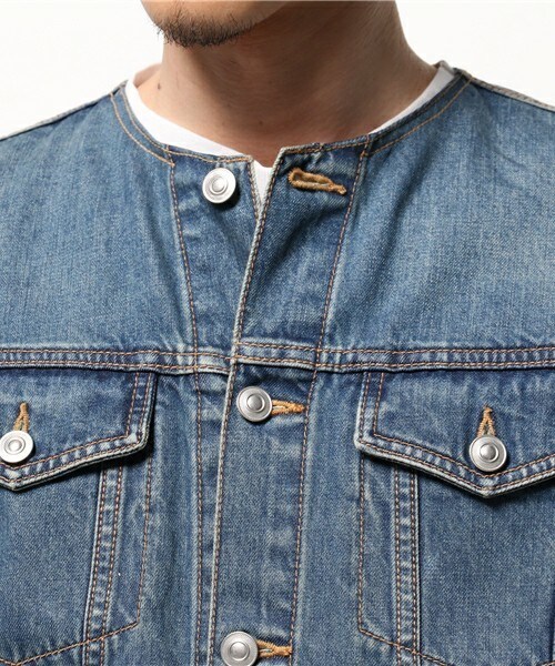 unrelaxing（アンリラクシング）の「ヴィンテージ加工ノーカラーデニムジャケット ヴィンテージ加工ノーカラーGジャン UR-179（デニムジャケット・メンズ・ブルー/インディゴブルー・LARGE/SMALL/MEDIUM）」の19枚目の写真