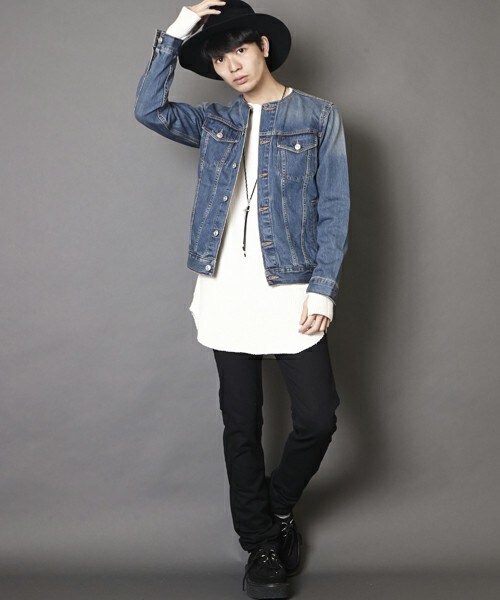 unrelaxing（アンリラクシング）の「ヴィンテージ加工ノーカラーデニムジャケット ヴィンテージ加工ノーカラーGジャン UR-179（デニムジャケット・メンズ・ブルー/インディゴブルー・LARGE/SMALL/MEDIUM）」の12枚目の写真