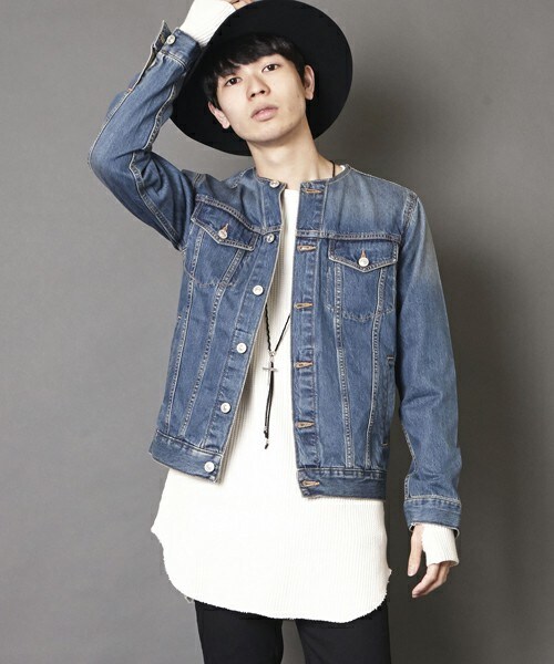 unrelaxing（アンリラクシング）の「ヴィンテージ加工ノーカラーデニムジャケット ヴィンテージ加工ノーカラーGジャン UR-179（デニムジャケット・メンズ・ブルー/インディゴブルー・LARGE/SMALL/MEDIUM）」の2枚目の写真