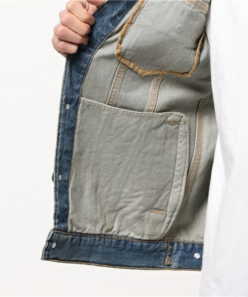 unrelaxing（アンリラクシング）の「ヴィンテージ加工ノーカラーデニムジャケット ヴィンテージ加工ノーカラーGジャン UR-179（デニムジャケット・メンズ・ブルー/インディゴブルー・LARGE/SMALL/MEDIUM）」の8枚目の写真