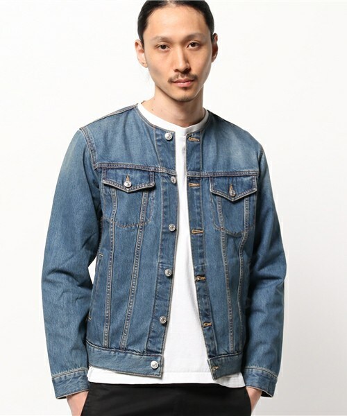 unrelaxing（アンリラクシング）の「ヴィンテージ加工ノーカラーデニムジャケット ヴィンテージ加工ノーカラーGジャン UR-179（デニムジャケット・メンズ・ブルー/インディゴブルー・LARGE/SMALL/MEDIUM）」の9枚目の写真