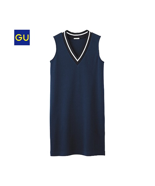 GU(ジーユー)の「(GU)Vネックミディワンピース(ノースリーブ)(WOMEN ⁄ ワンピース・レディース・OFF WHITE/NAVY/BLUE・L/M/XL/S)」の2枚目の写真