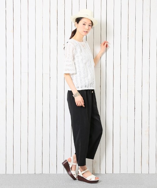 GLOBAL WORK（グローバルワーク）の「【長澤まさみさんCM着用】イージーワイドクロプド（パンツ・レディース・【長澤まさみさんCM着用カラー】ホワイトストライプ01/ブラック09/ブラックドット10/ネイビーストライプ89・Ｍ/Ｌ）」の6枚目の写真