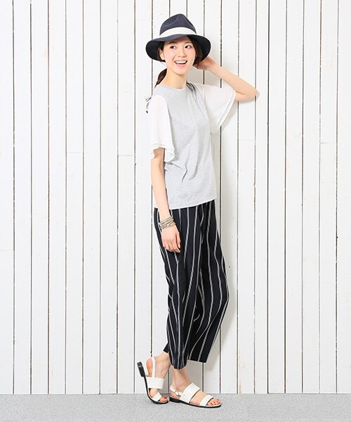 GLOBAL WORK（グローバルワーク）の「【長澤まさみさんCM着用】イージーワイドクロプド（パンツ・レディース・【長澤まさみさんCM着用カラー】ホワイトストライプ01/ブラック09/ブラックドット10/ネイビーストライプ89・Ｍ/Ｌ）」の7枚目の写真