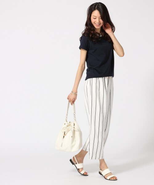 GLOBAL WORK（グローバルワーク）の「【長澤まさみさんCM着用】イージーワイドクロプド（パンツ・レディース・【長澤まさみさんCM着用カラー】ホワイトストライプ01/ブラック09/ブラックドット10/ネイビーストライプ89・Ｍ/Ｌ）」の5枚目の写真