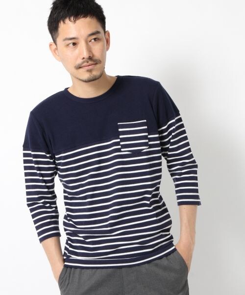 GLOBAL WORK（グローバルワーク）の「ワッフルキリカエT7分袖（トップス・メンズ・ホワイト×ボーダー05/ブルー×ホワイト06/ネイビー×ボーダー80/グレー×ネイビー81・Ｓ/Ｍ/Ｌ/ＸＬ）」の3枚目の写真