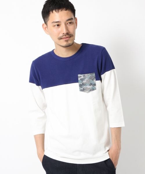 GLOBAL WORK（グローバルワーク）の「ワッフルキリカエT7分袖（トップス・メンズ・ホワイト×ボーダー05/ブルー×ホワイト06/ネイビー×ボーダー80/グレー×ネイビー81・Ｓ/Ｍ/Ｌ/ＸＬ）」の2枚目の写真