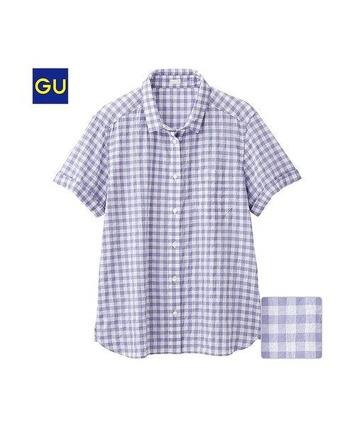 GU(ジーユー)の「(GU)ロールアップシャツ(ギンガム・半袖)B(WOMEN ⁄ シャツ・ブラウス・レディース・BLACK/PURPLE・M/L/S/XL)」の2枚目の写真