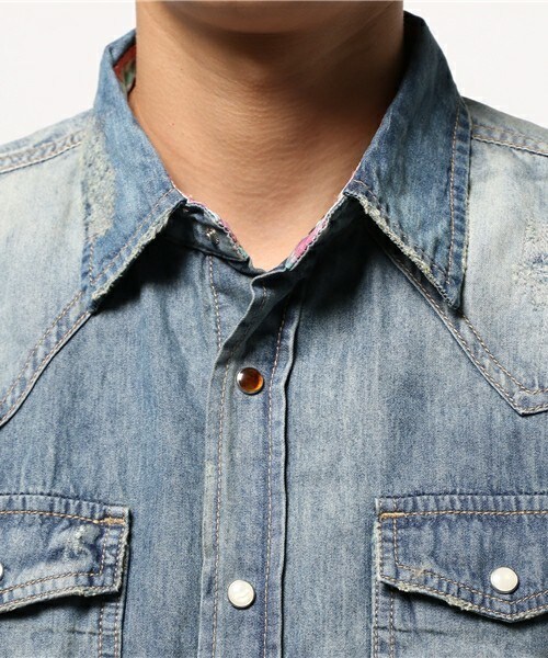RATTLE TRAP（ラトルトラップ）の「7分袖WASH加工6ozスラブデニムシャツ（シャツ/ブラウス・メンズ・ネイビー・MEDIUM/LARGE/LL）」の5枚目の写真